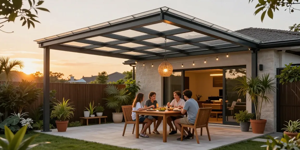 Moderne Terrassenüberdachung mit Familie beim Essen, stilvolles Ambiente.